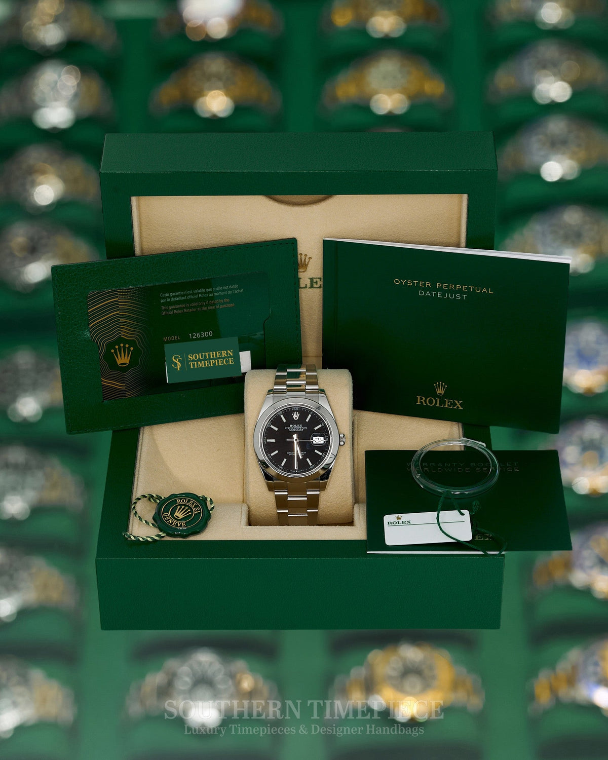 41mm Rolex Datejust with Black Stick Dial in Stainless Steel on Oyster (Ref: 126300)(Year: 2024)(Box & Papers)