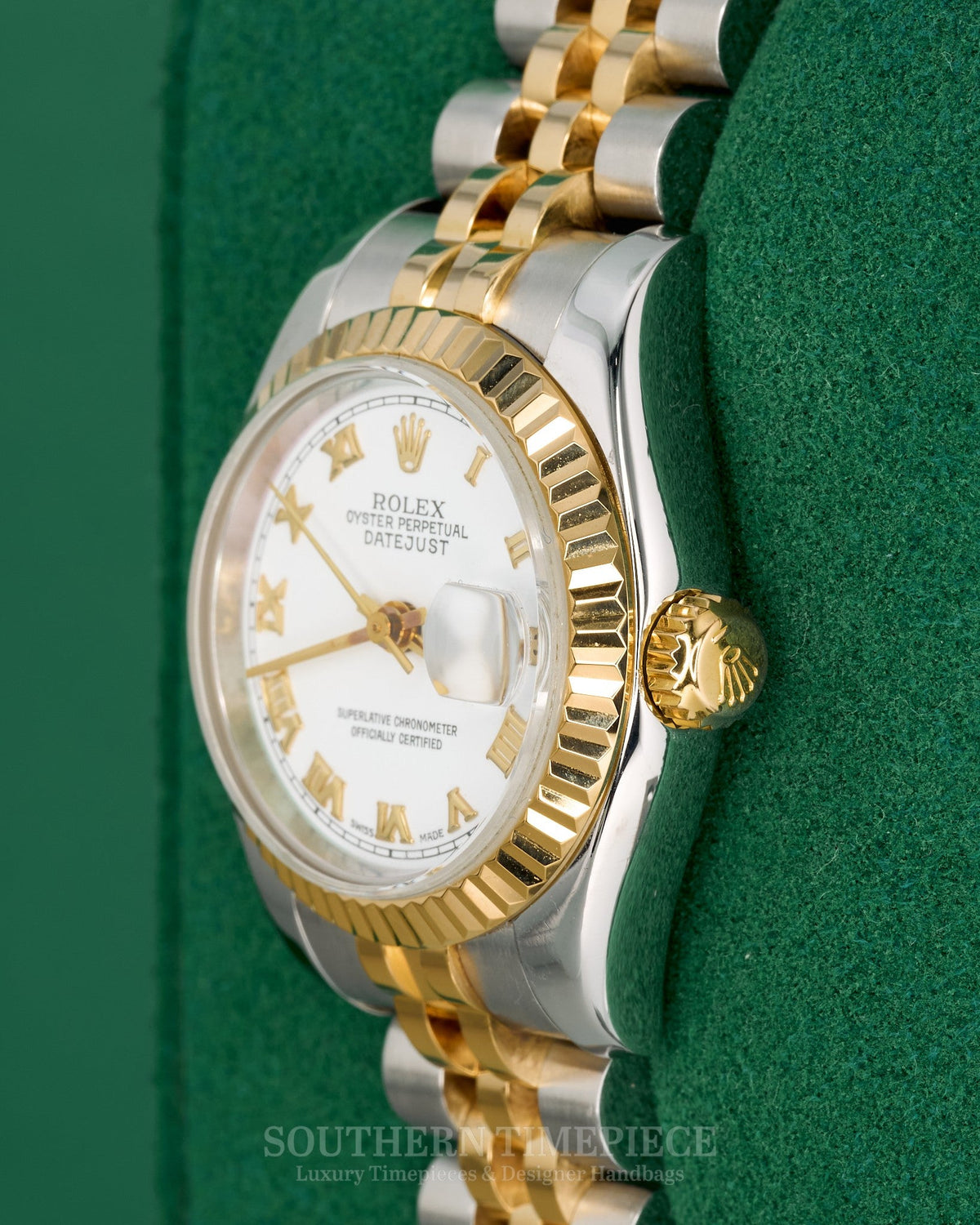 26mm Ladies Rolex Datejust with White Roman Numeral Dial in 18kt Yellow Gold and Stainless on Jubilee (Ref: 179173)(Year: 2005)
