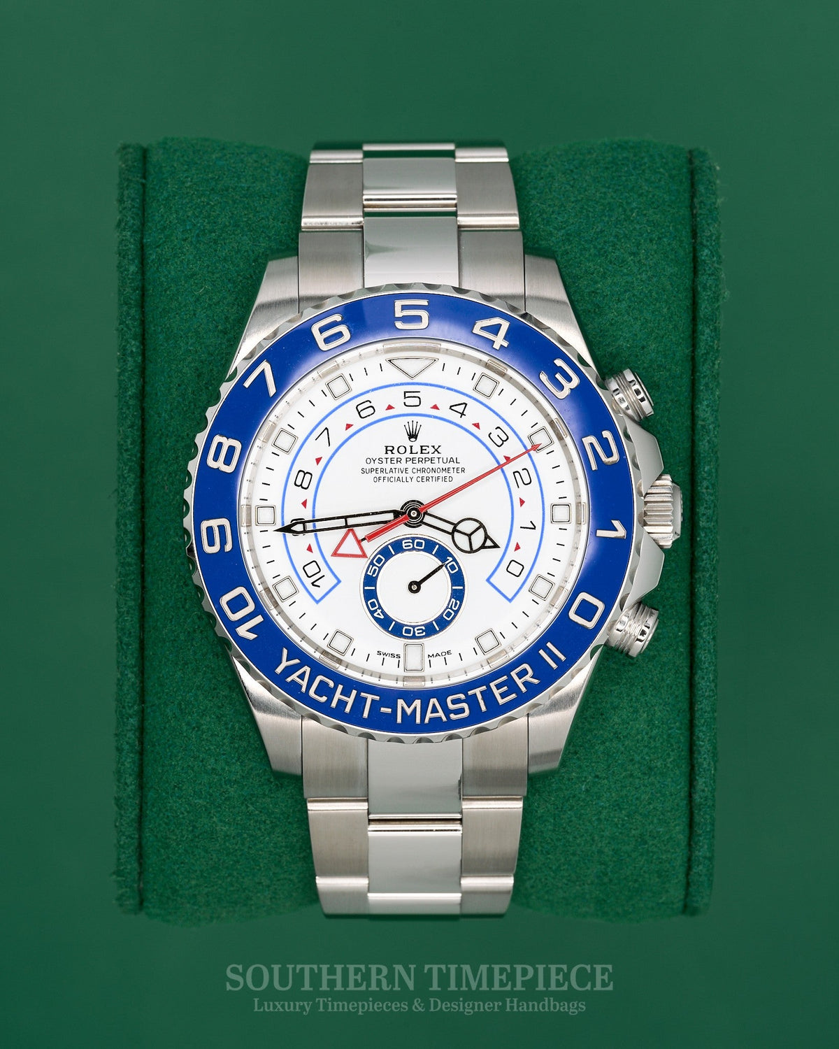 44mm Rolex Yacht-Master II with Blue Bezel and White Dial in Stainless Steel on Oyster (Ref: 116680)(Year: 2023)(Box & Papers)