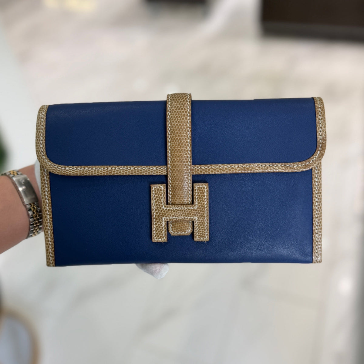 Hermès Jige Duo Clutch - Bleu Saphir Swift Leather & Lizard Trim (2019)