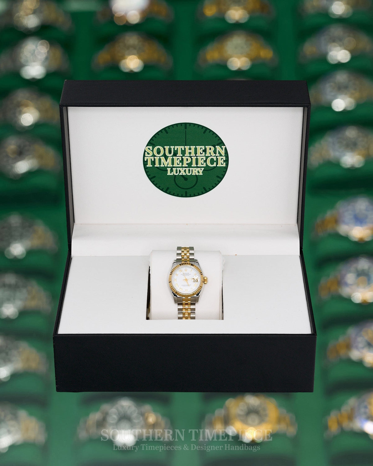 26mm Ladies Rolex Datejust with White Roman Numeral Dial in 18kt Yellow Gold and Stainless on Jubilee (Ref: 179173)(Year: 2005)
