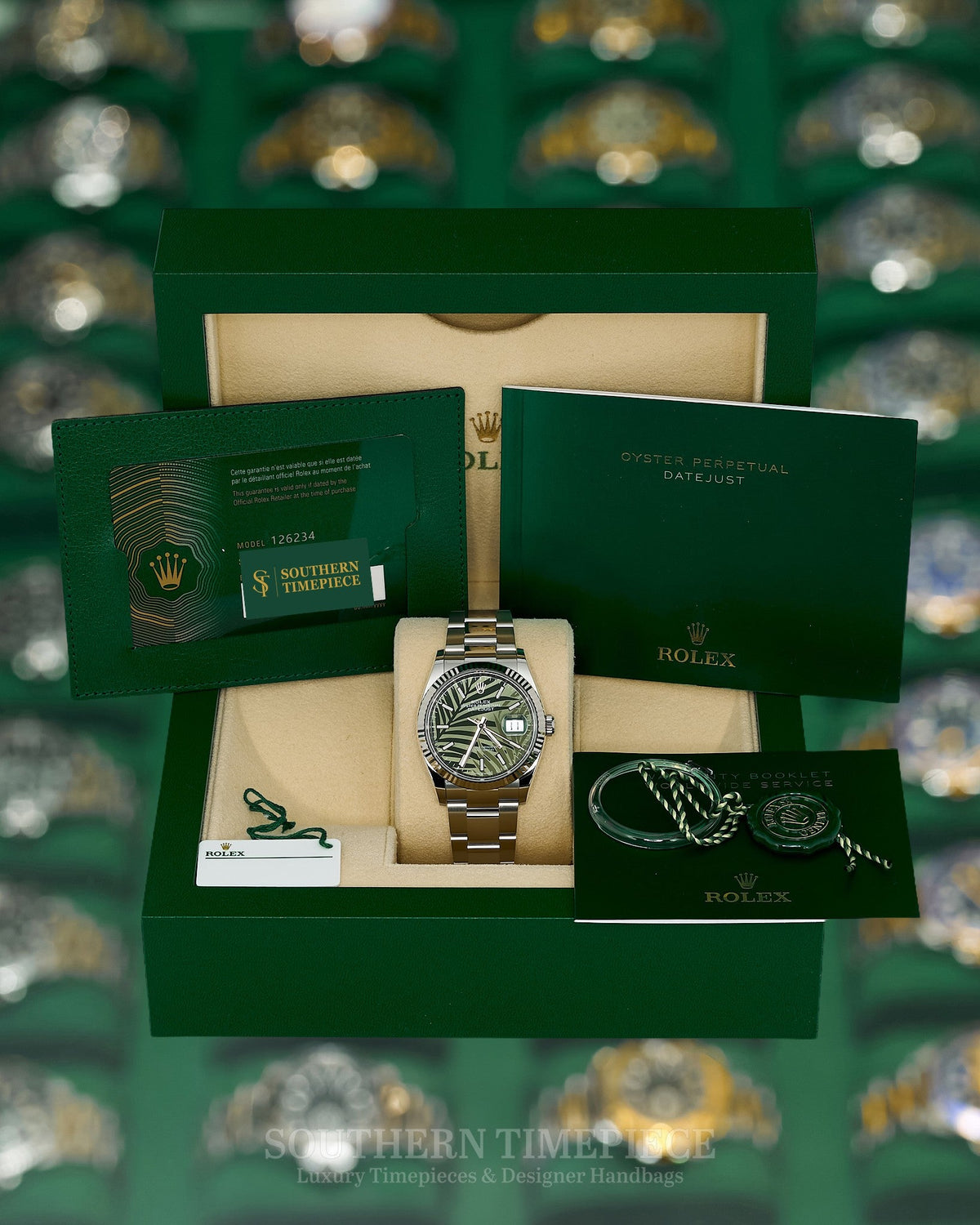 Brand New 2023 36mm Rolex Datejust with Rare Palm Dial in 18kt White Gold and Oystersteel on Oyster (Ref: 126234)(Year: 2023)(Box & Papers)