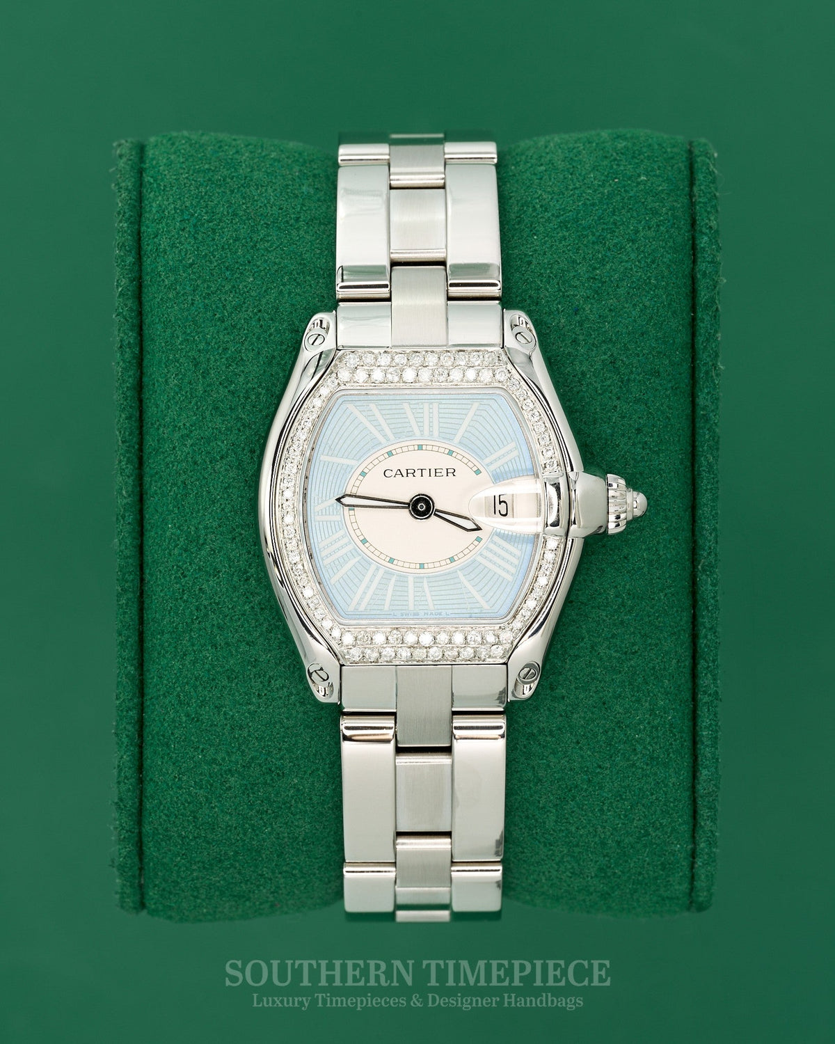 32mm Cartier Roadster with Rare Ice Blue Roman Numeral Dial in Stainless Steel with Custom Diamonds (Ref: W62016V3)(Year: 2000's-2010's)