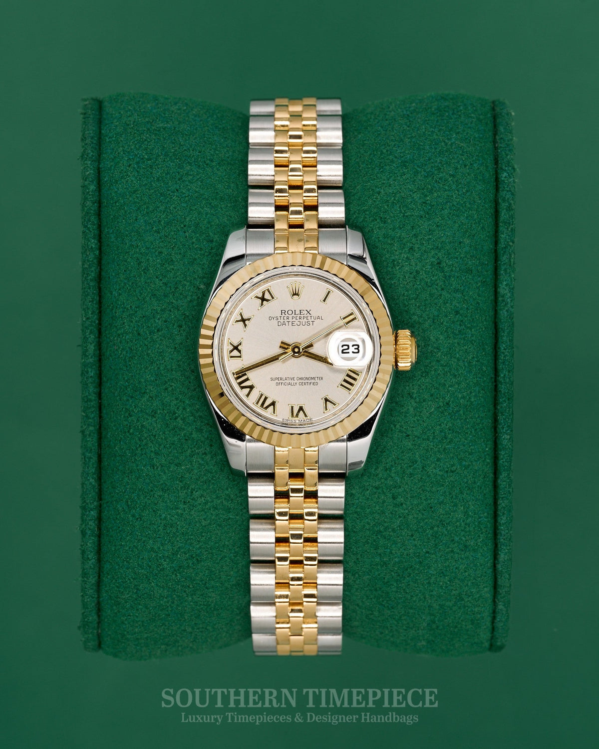26mm Rolex Datejust with Silver Roman Numeral Dial in 18kt Yellow Gold and Stainless on Jubilee (Ref: 179173)(Year: 2011)