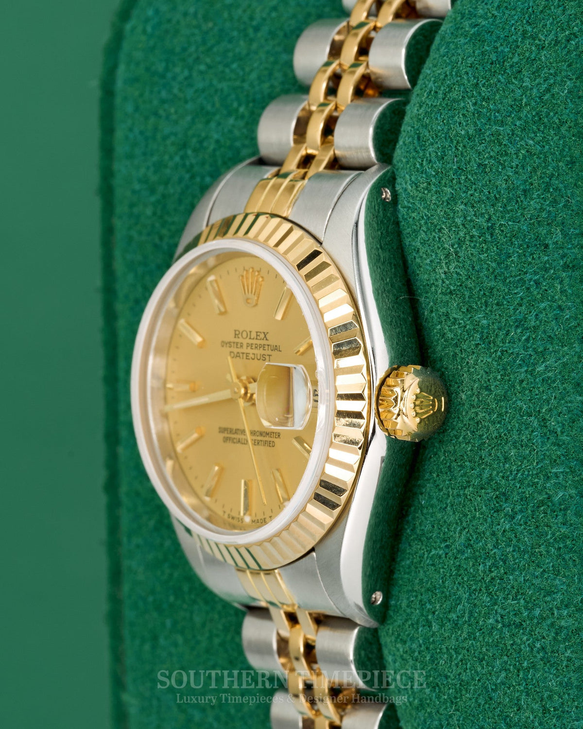 26mm Rolex Datejust with Champagne Stick Dial in 18kt Yellow Gold and Stainless on Jubilee (Ref: 69173)(Year: 1987)