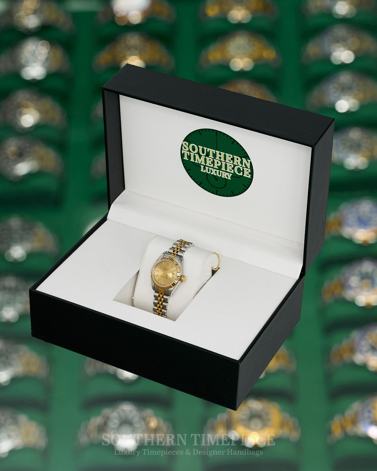 26mm Rolex Datejust with Champagne Tapestry Dial in 18kt Yellow Gold and Stainless on Jubilee (Ref: 69173)(Year: 1991)