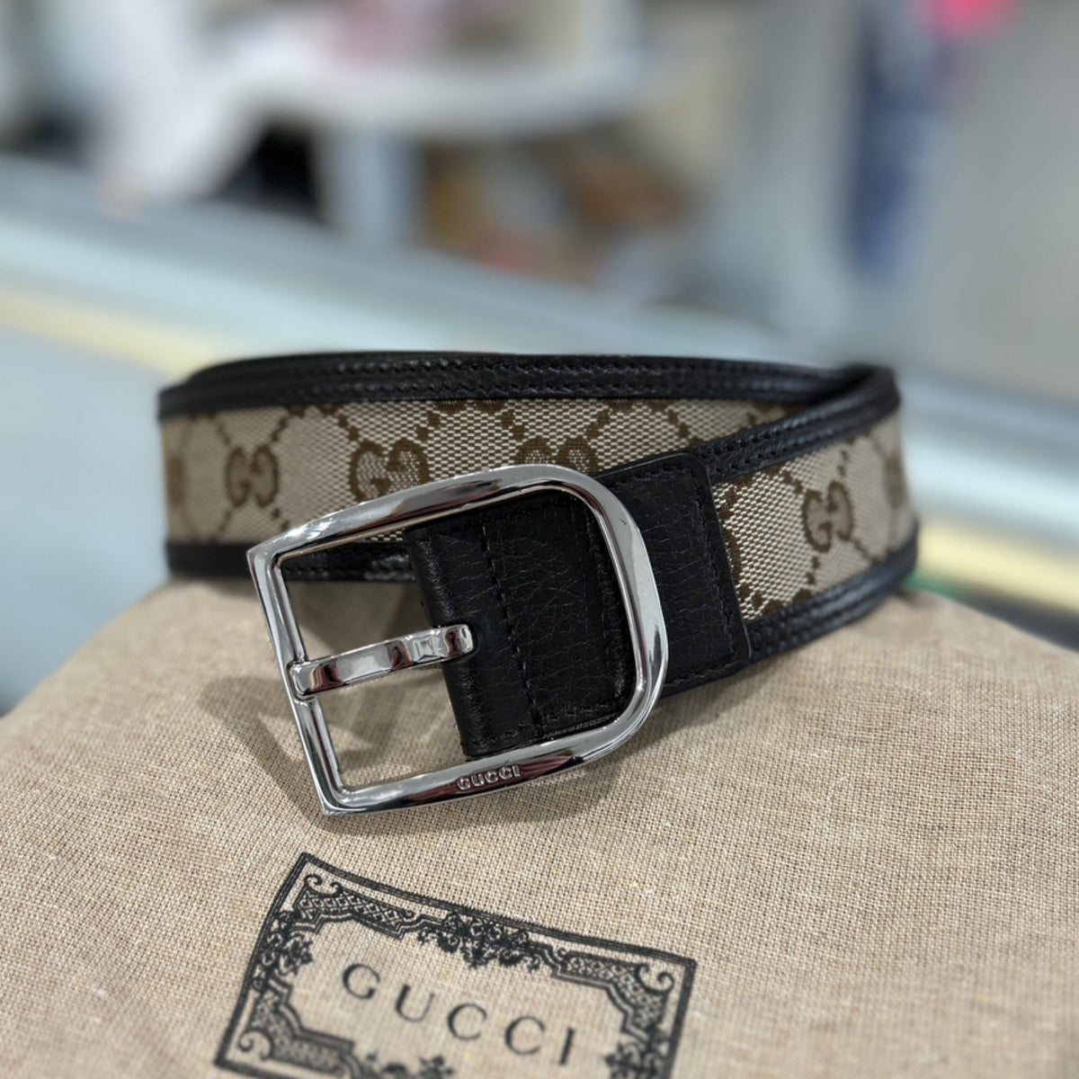Gucci Belt - GG Canvas & Brown Leather (90cm)