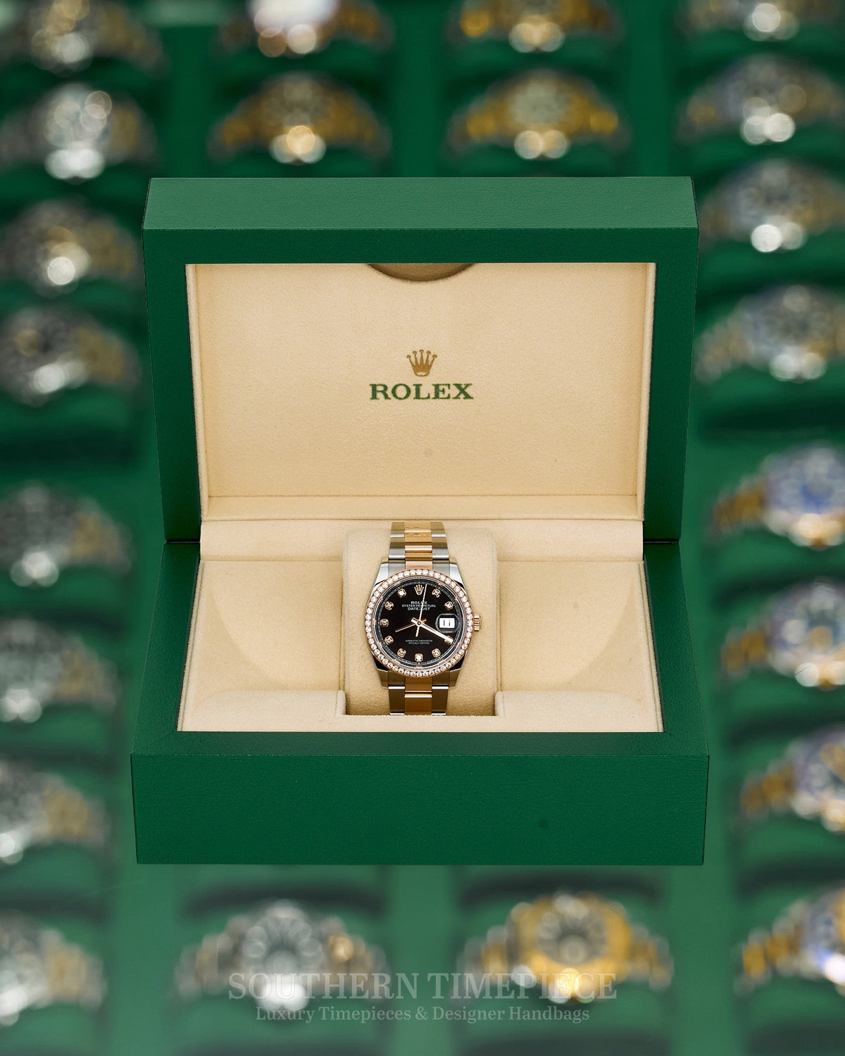36mm Rolex Datejust in 18kt Everose Gold and Stainless with Factory Black Diamond Dial and Diamond Bezel (Ref: 126281RBR)(Year: 2020+)