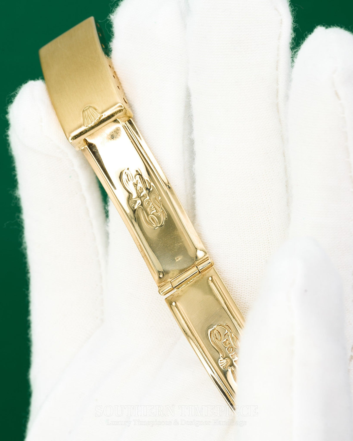34mm Rolex Date in Solid 14kt Yellow Gold with a Custom Green Roman Numeral Dial and Diamond/Emerald Bezel (Ref: 15007)(Year: 1981)
