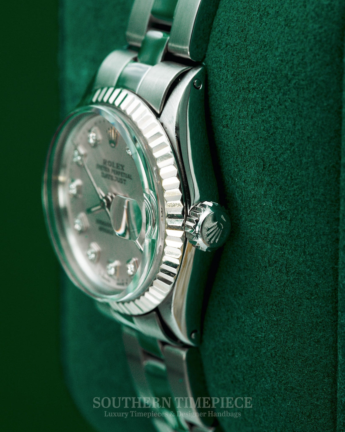 26mm Rolex Datejust with Custom Silver Diamond Dial and Fluted Bezel in Stainless Steel on Oyster (Ref: 6516)(Year: 1970)