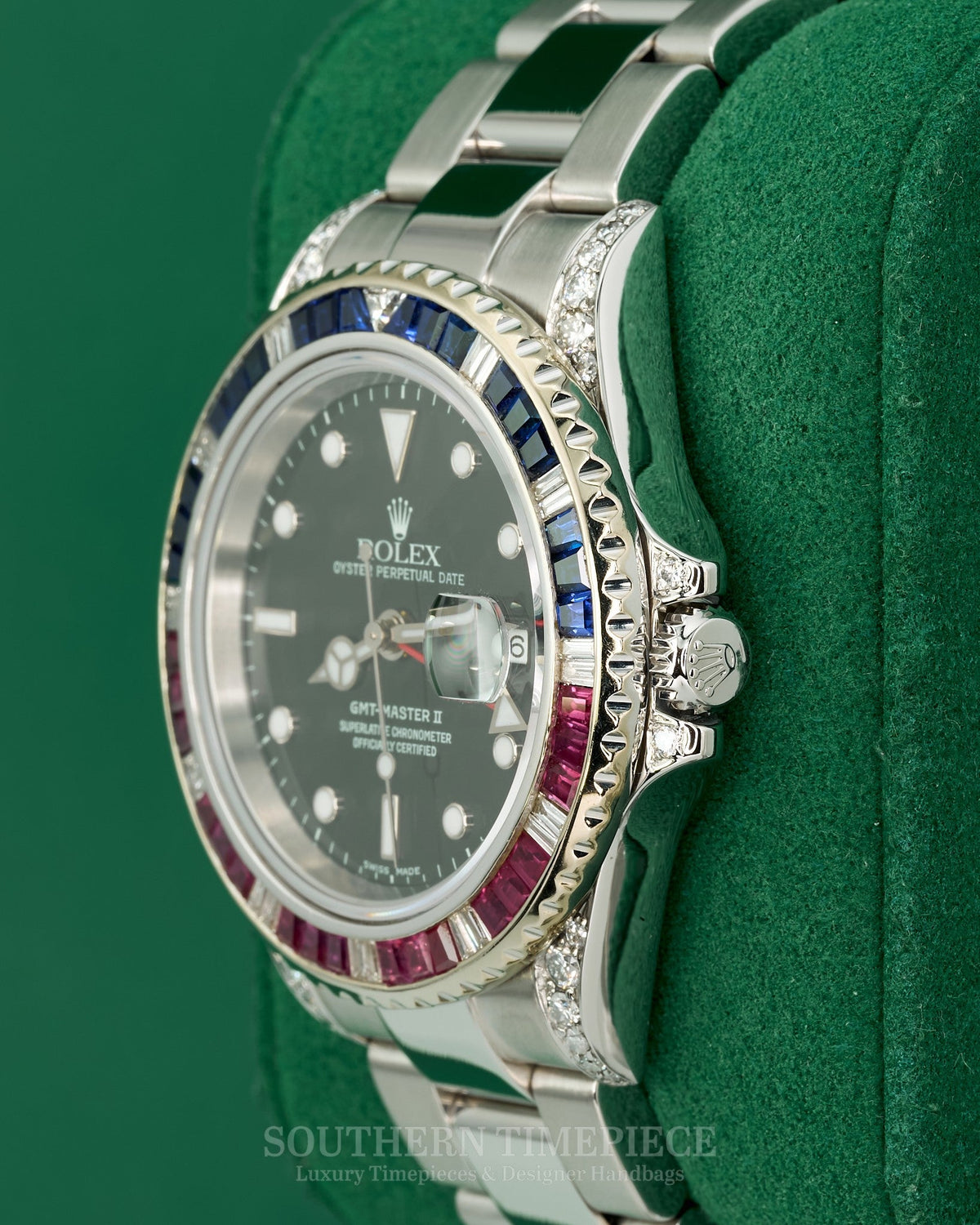 40mm Rolex GMT-Master II with Custom Diamond/Ruby/Sapphire Bezel and Diamond Lugs in Stainless Steel on Oyster (Ref: 16710)(Year: 2003)