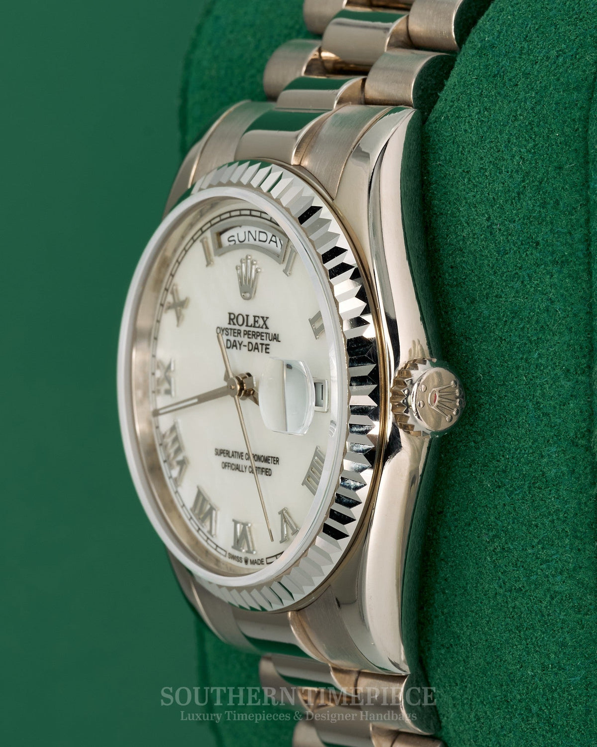 36mm Rolex Day-Date "President" in Solid 18kt White Gold w/ Custom Mother of Pearl Roman Dial (Ref: 118209)(Year: 2000)