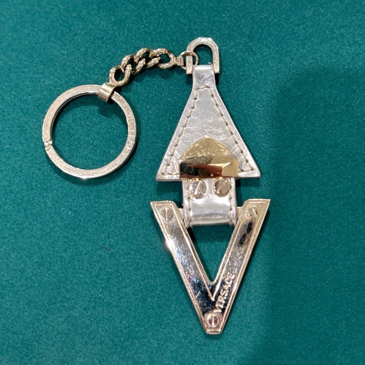 Versace V Logo Keychain - Gold-Tone & Leather