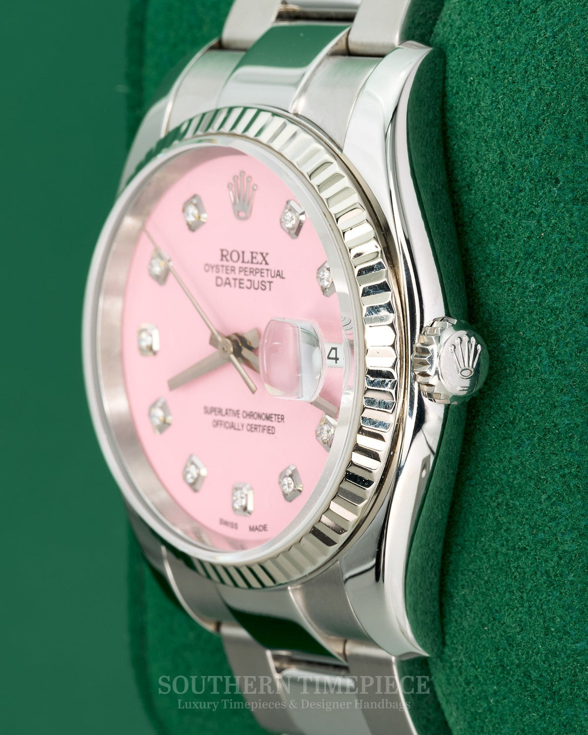 36mm Rolex Datejust with Custom Pink Diamond Dial and Fluted Bezel in Stainless Steel on Oyster (Ref: 116234)(Year: 2005)(Box & Appraisal)