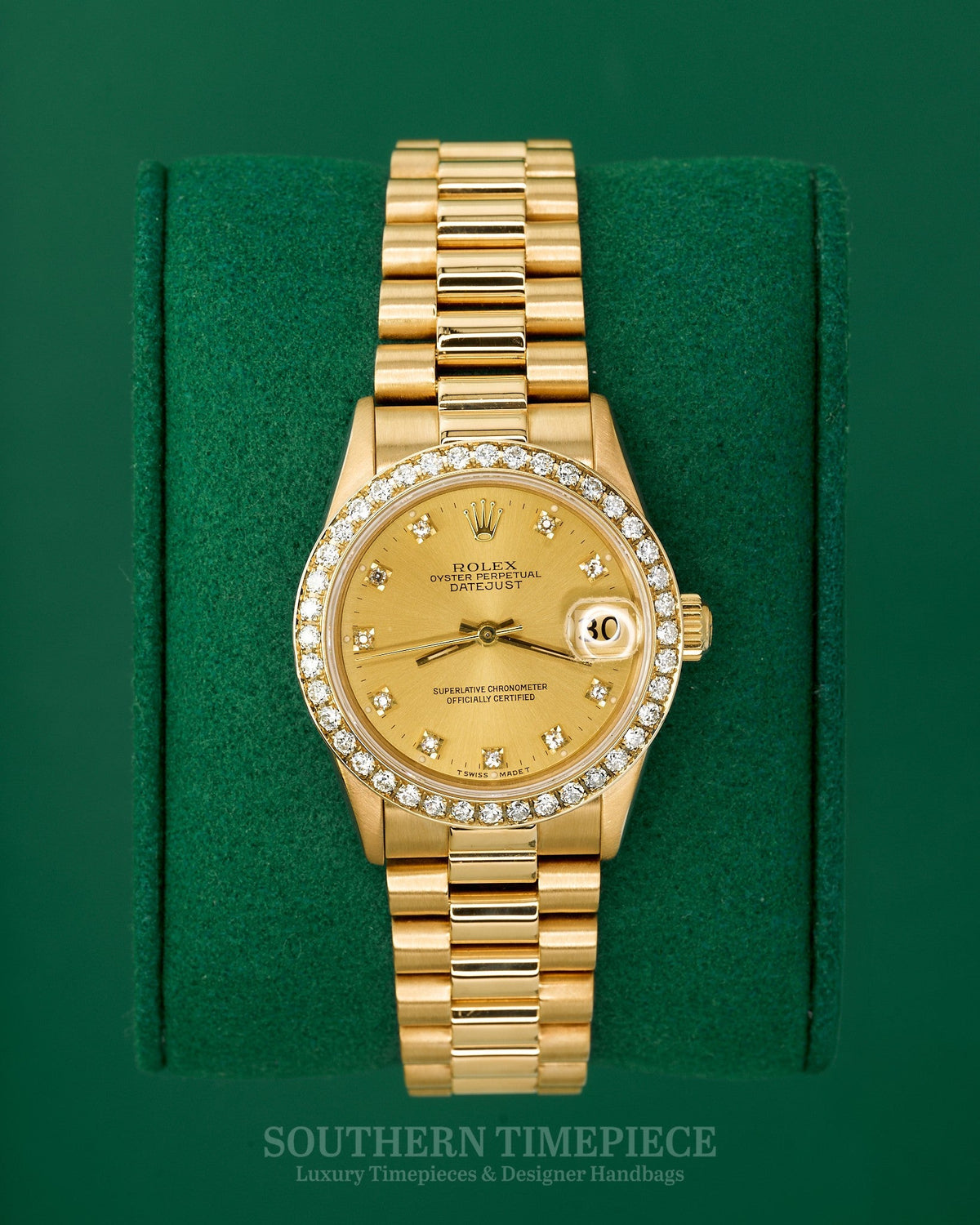 31mm Rolex Datejust "Ladies President" in Solid 18kt Yellow Gold with Factory Champagne Diamond Dial and Custom Diamond Bezel (Ref: 68278)(Year: 1993)