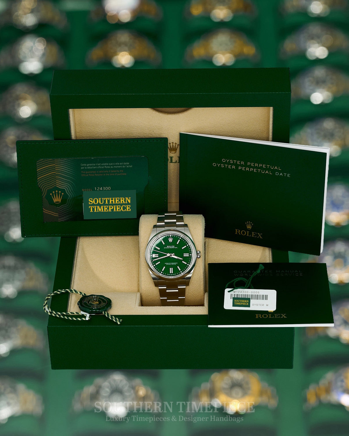 41mm Rolex Oyster Perpetual Green Dial in Stainless Steel on Oyster (Ref: 124300)(Year: 2022)(Box & Papers)