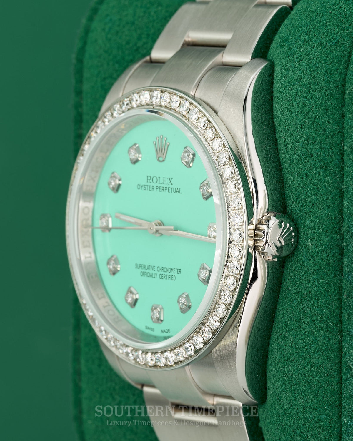 36mm Rolex Oyster Perpetual with a Custom Tiffany Blue Diamond Dial and Diamond Bezel on Oyster (Ref: 116000)(Year: 2008)