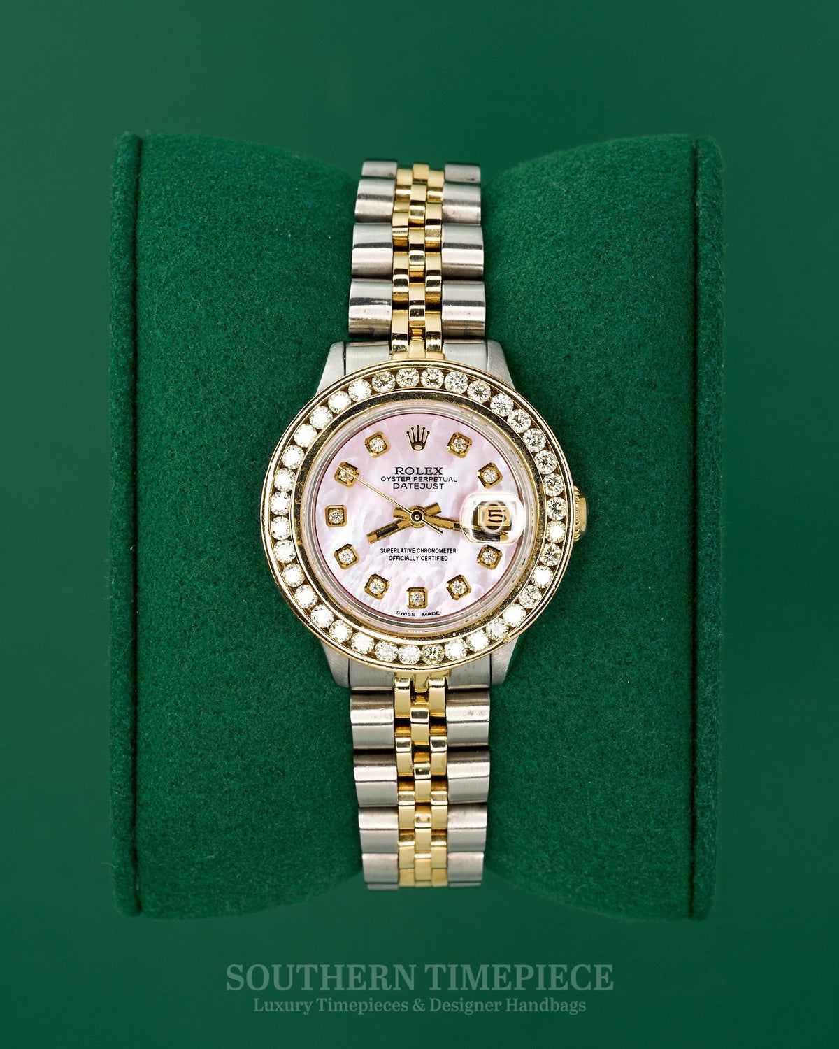 26mm Rolex Datejust in Yellow Gold and Stainless with Custom Pink Mother of Pearl Diamond Dial and Diamond Bezel (Ref: 6917)(Year: 1976)