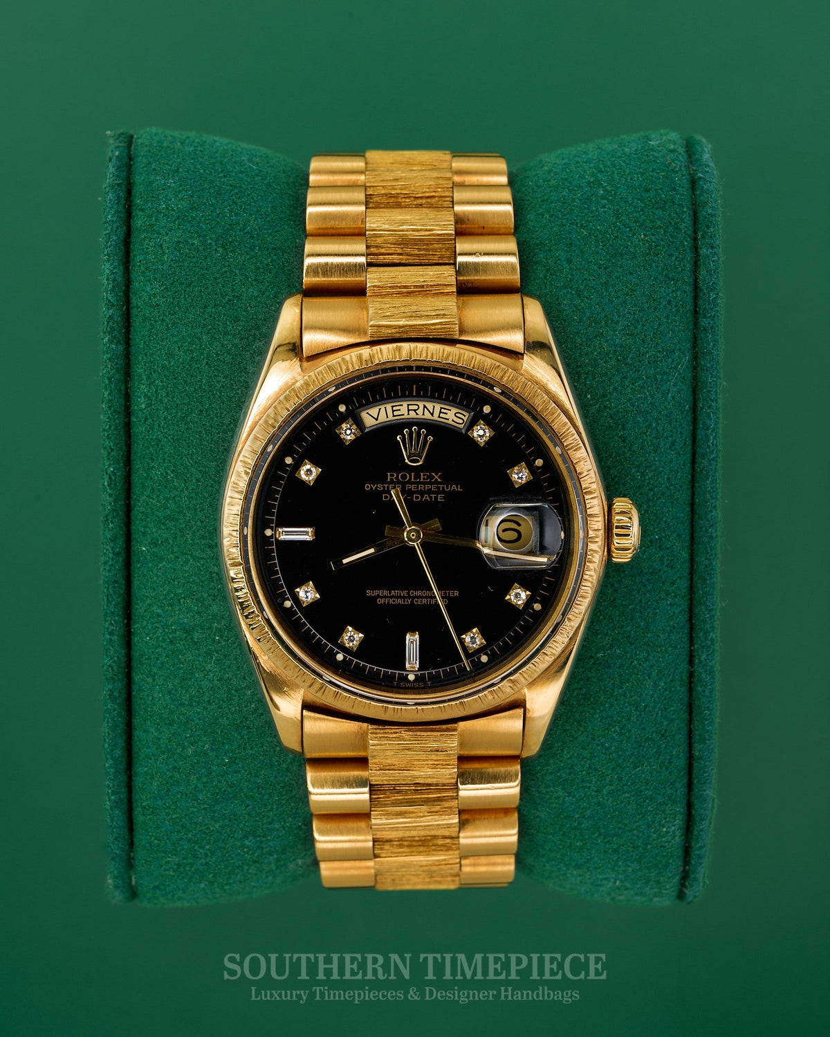 36mm Rolex Day-Date President with a Custom Blk Dia Dial in 18kt Yellow Gold/Bark/Rare Spanish Date Wheel (Ref: 1807)(Year: 1967)(Box & Appraisal)