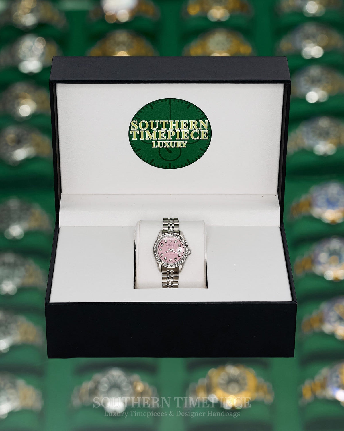 26mm Rolex Datejust with a Custom Candy Pink Diamond Dial and Diamond Bezel (Ref: 69174)(Year: 1991)