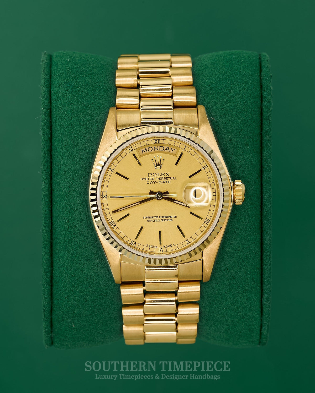 36mm Rolex Day-Date "President" with Champagne Stick Dial in Solid 18kt Yellow Gold (Ref: 18038)(Year: 1980)