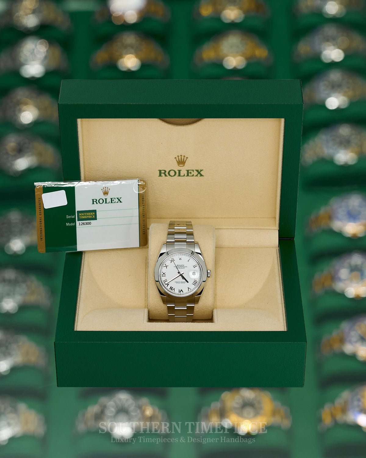 41mm Rolex Datejust with White Roman Numeral Dial and Smooth Bezel on Oyster (Ref: 126300)(Year: 2018)(Box & Papers)