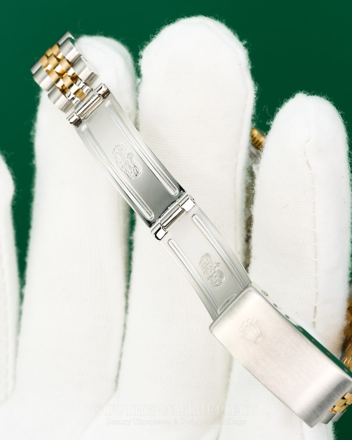 26mm Rolex Datejust with Black Tapestry Stick Dial in 18kt Yellow Gold and Stainless on Jubilee (Ref: 69173)(Year: 1986)