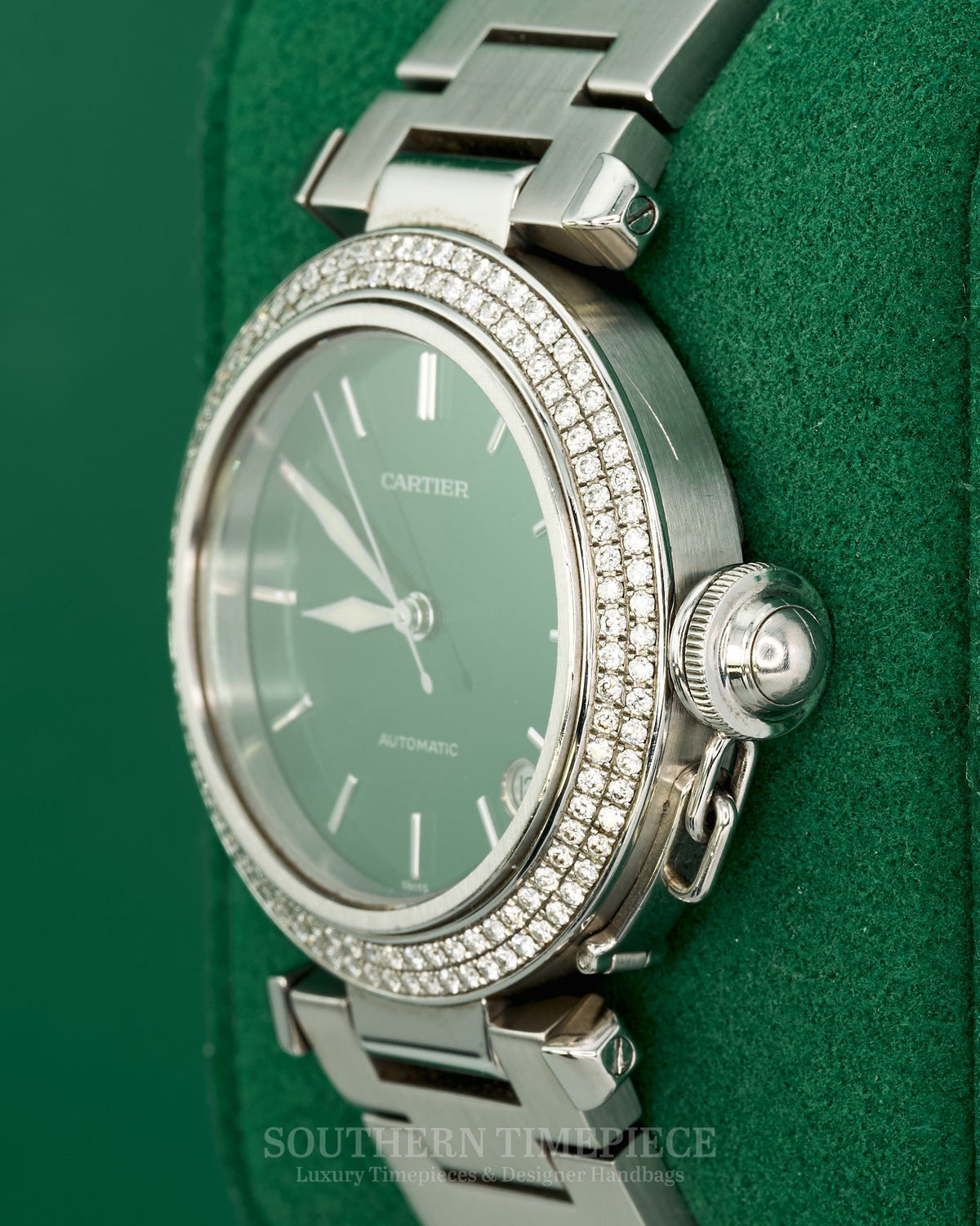 35mm Cartier Pasha Large in Stainless Steel with a Blue Dial and Custom Diamond Bezel (Ref: W31014M7)