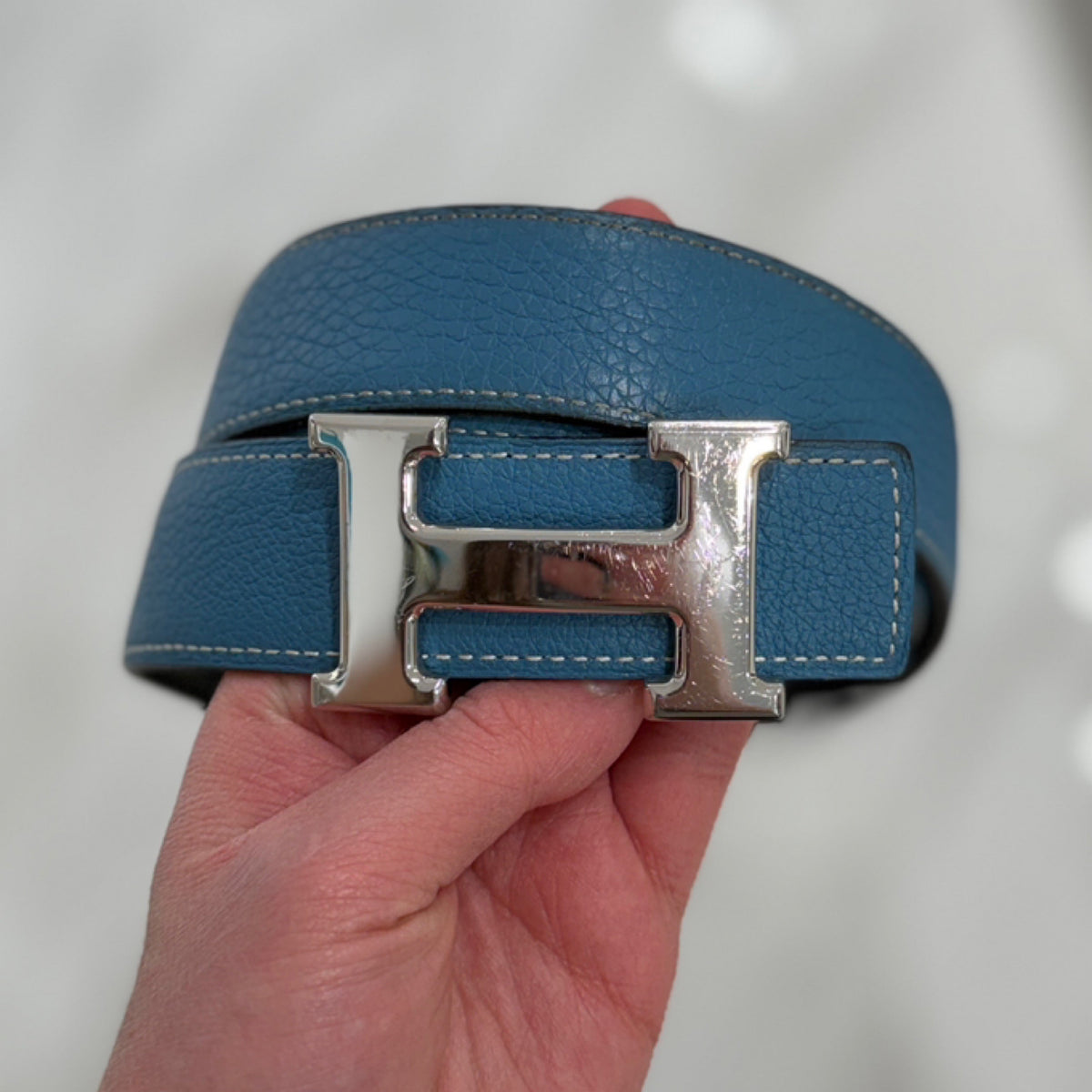 Hermès Constance Reversible Belt - Blue Jean Togo & Noir Black Box Leather & Silver Hardware (100cm)