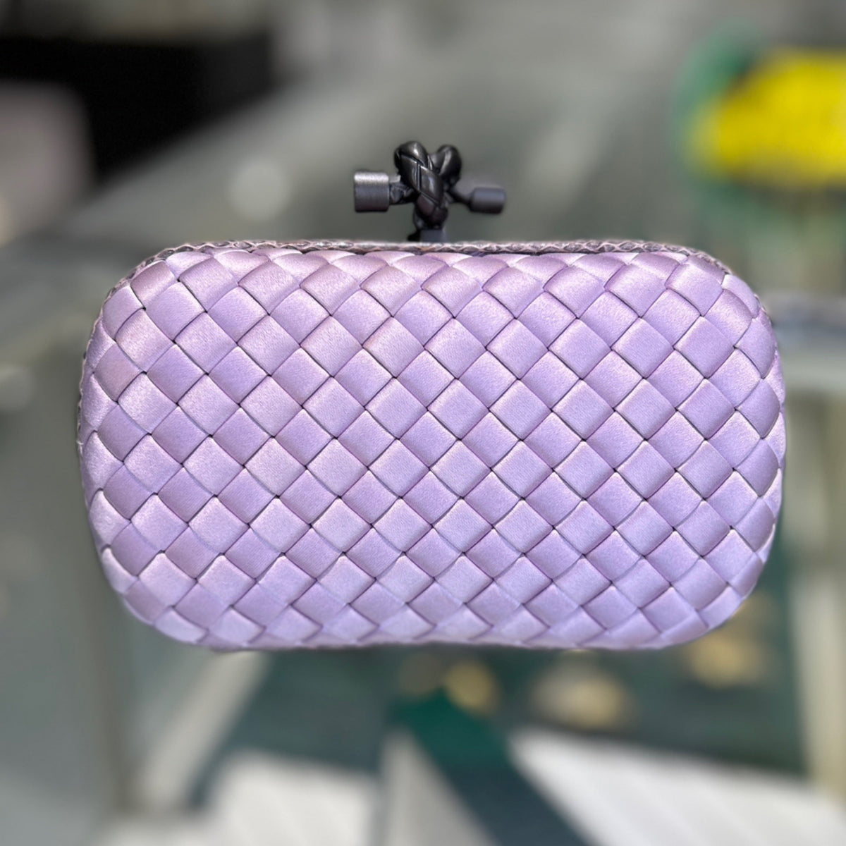 Bottega Veneta Intrecciato Knot Clutch - Lilac Satin w/ Snakeskin Trimming & Gunmetal Hardware