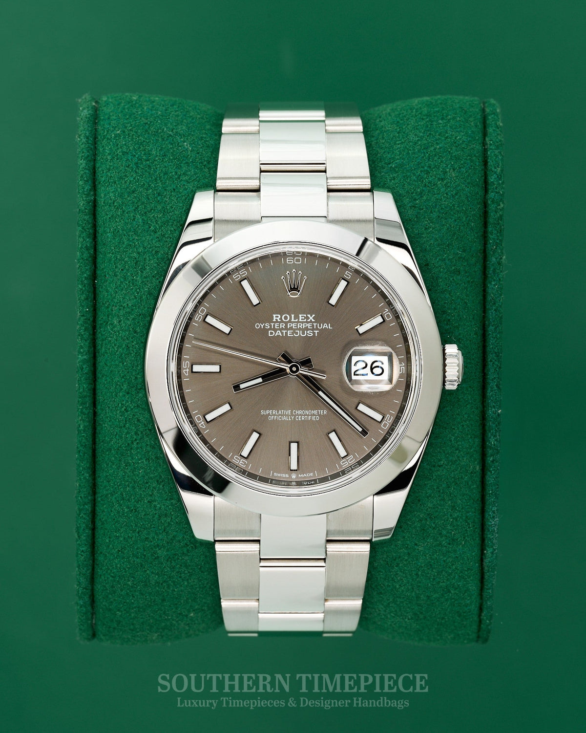 41mm Rolex Datejust with Rhodium Stick Dial in Stainless Steel on Oyster Bracelet (Ref: 126300)(Year: 2020)(Box & Papers)