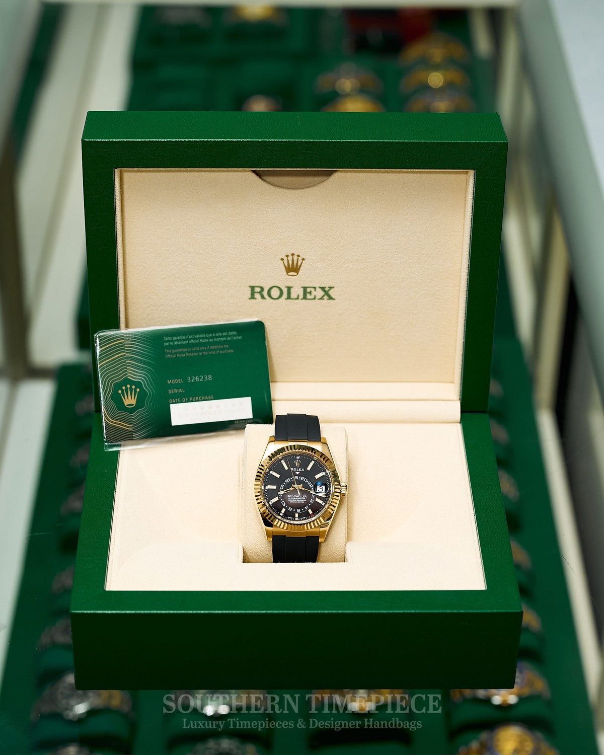 42mm Rolex Sky-Dweller on Oysterflex in Solid 18kt Yellow Gold with Black Dial (Ref: 326238)(Year: 2021)(Box & Papers)
