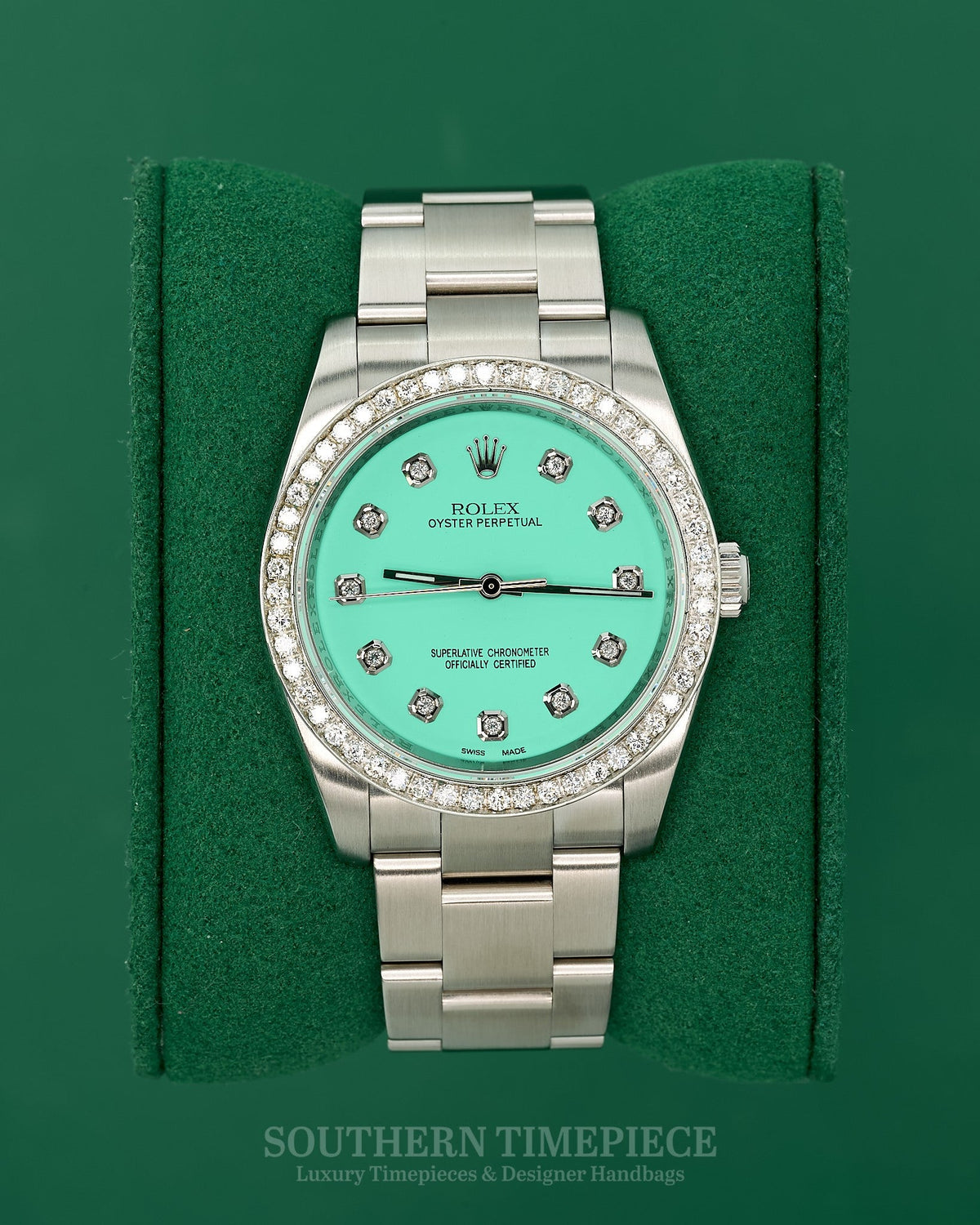 36mm Rolex Oyster Perpetual with a Custom Tiffany Blue Diamond Dial and Diamond Bezel on Oyster (Ref: 116000)(Year: 2008)