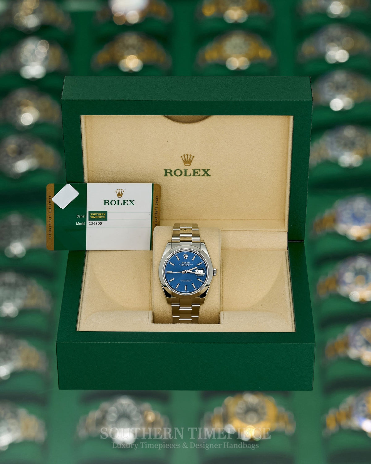 41mm Rolex Datejust with Blue Stick Dial in Stainless Steel on Oyster (Ref: 126300)(Year: 2020)(Box & Papers)