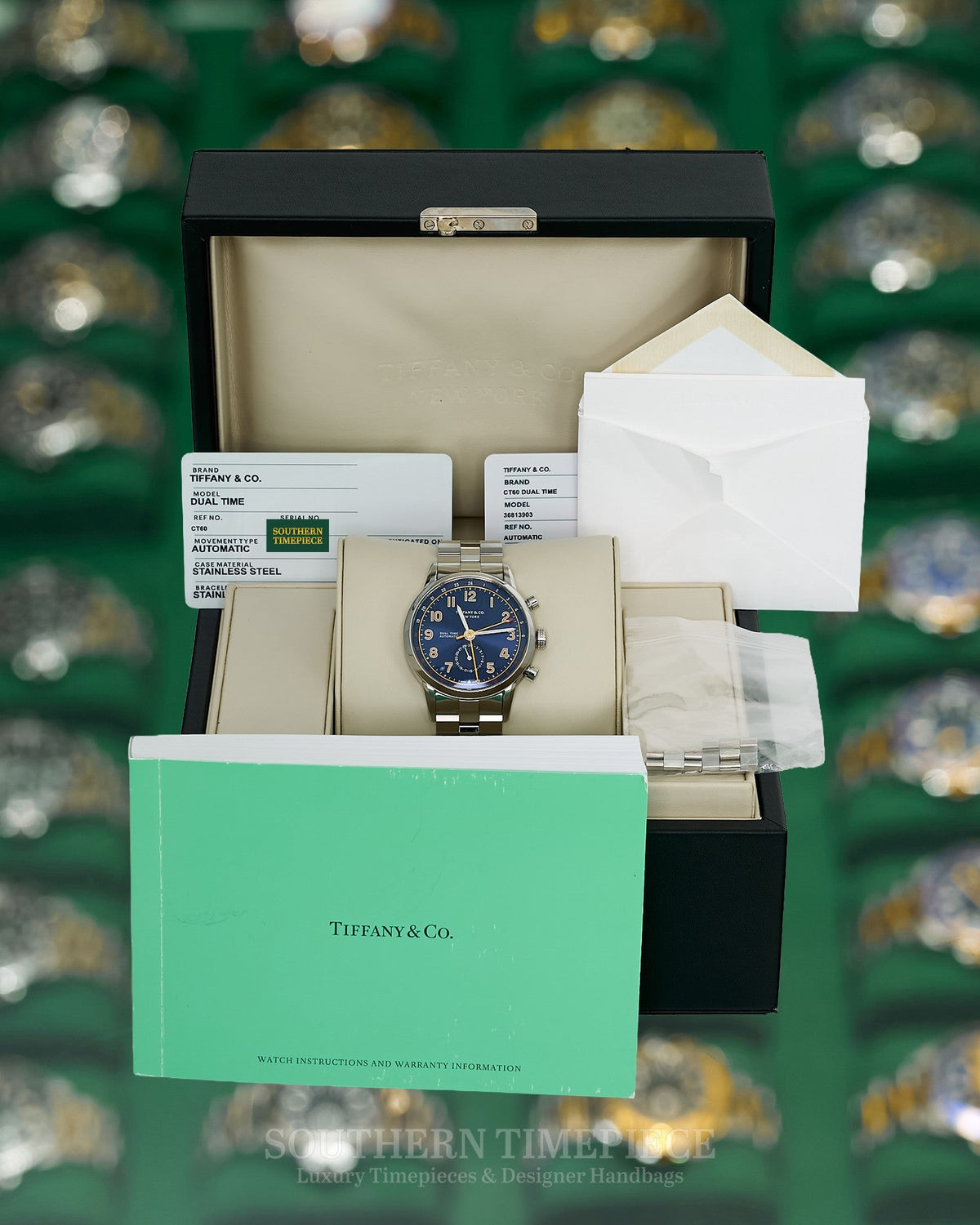 40mm Tiffany & Co Dual Time CT60 with Blue Dial in Stainless Steel (Ref: 34668299)(Year: ~2016)(Box & Appraisal)
