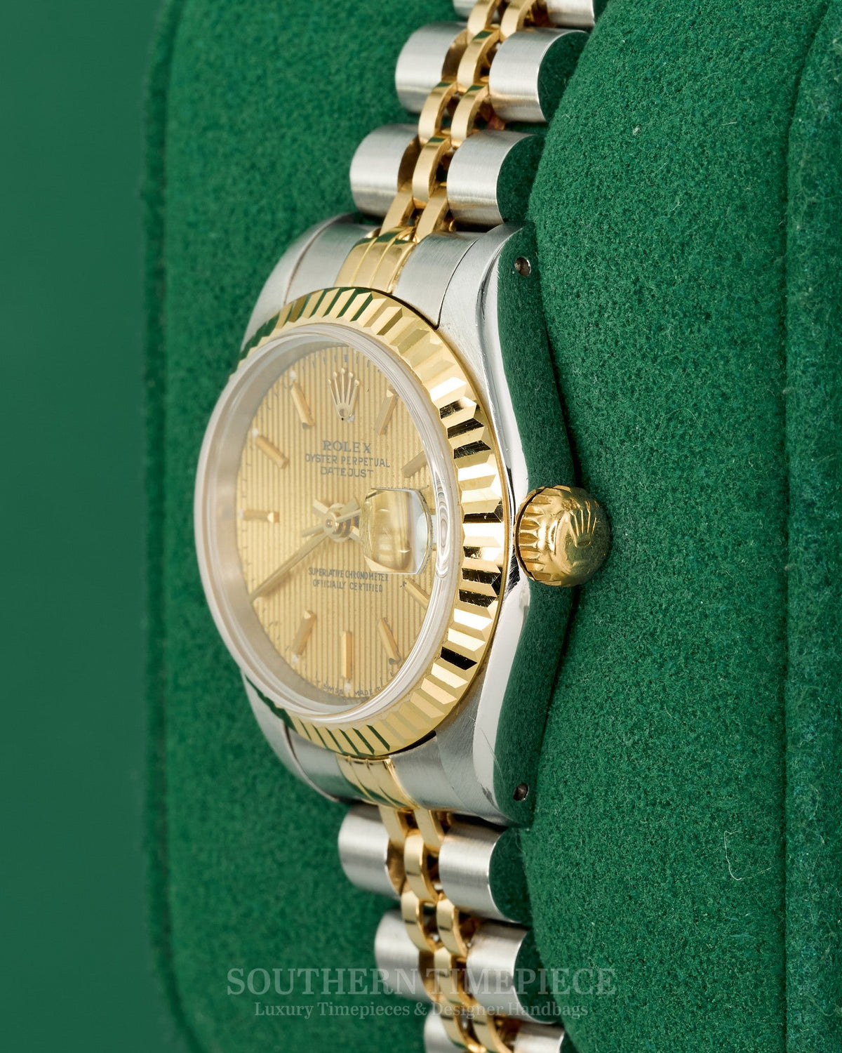 26mm Rolex Datejust with Champagne Tapestry Dial in 18kt Yellow Gold and Stainless on Jubilee (Ref: 69173)(Year: 1989)