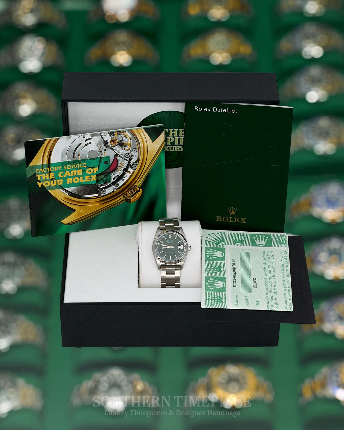 31mm Rolex Datejust in Stainless Steel with Black Stick Dial and Smooth Bezel on Oyster Bracelet (Ref: 78240)(Year: 2005)(Papers)