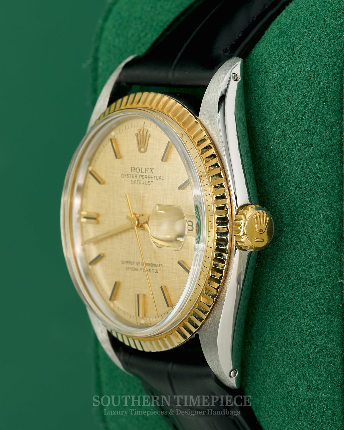 36mm Rolex Datejust with Champagne Linen Dial in Yellow Gold and Stainless on AM Black Leather (Ref: 1601)(Year: 1970)
