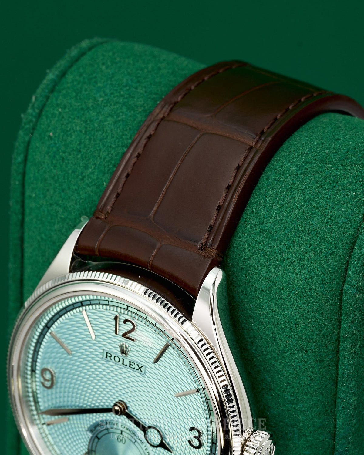 Brand New 2026 39mm Rolex 1908 in Solid Platinum with Ice Blue Dial on Brown Alligator Leather Strap (Ref: 52506)(Year: 2026)(Box & Papers)