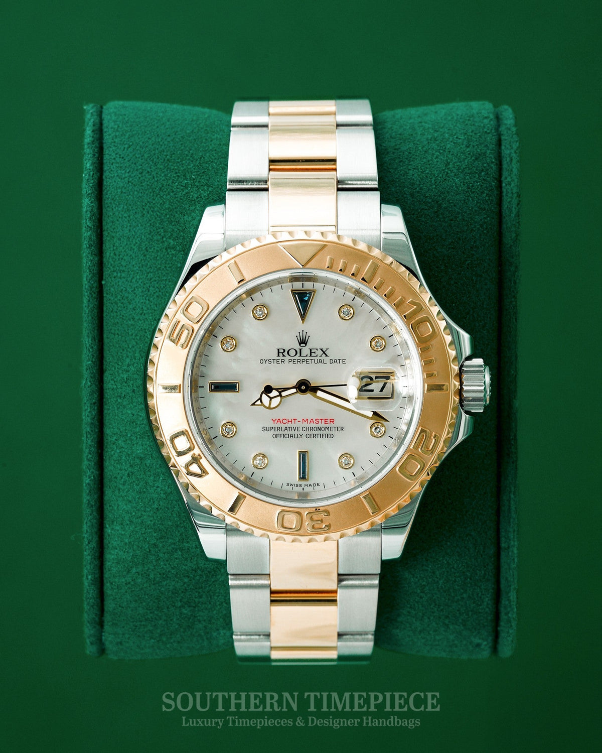 40mm MINT Rolex Yacht-Master with Factory Mother of Pearl Diamond & Sapphire Dial in 18kt Yellow Gold and Stainless on Oyster (Ref: 16623)(Year: 2011)