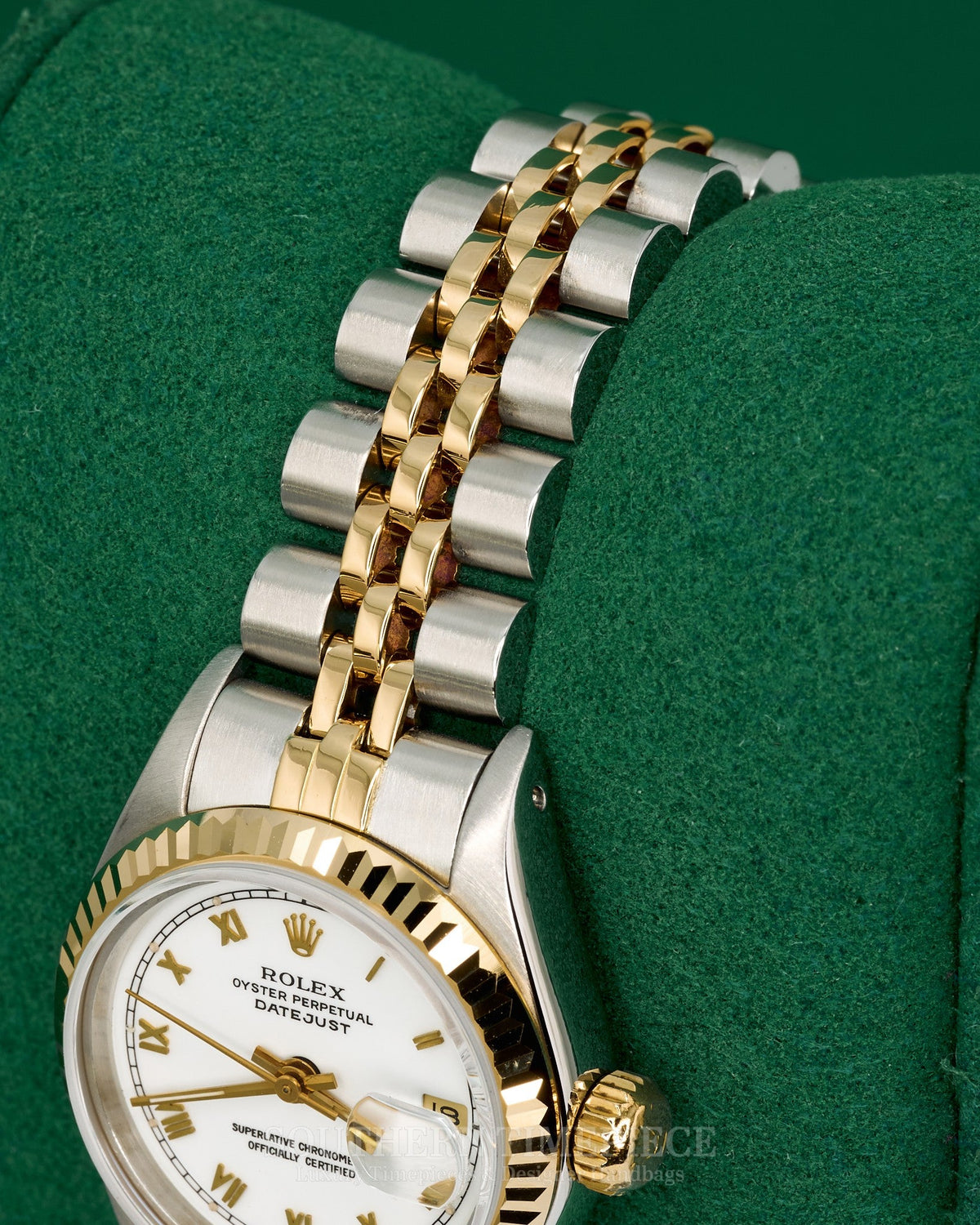 26mm Rolex Datejust with White Roman Numeral Dial in 18kt Yellow Gold and Stainless on Jubilee (Ref: 69173)(Year: 1990)(Box & Papers)