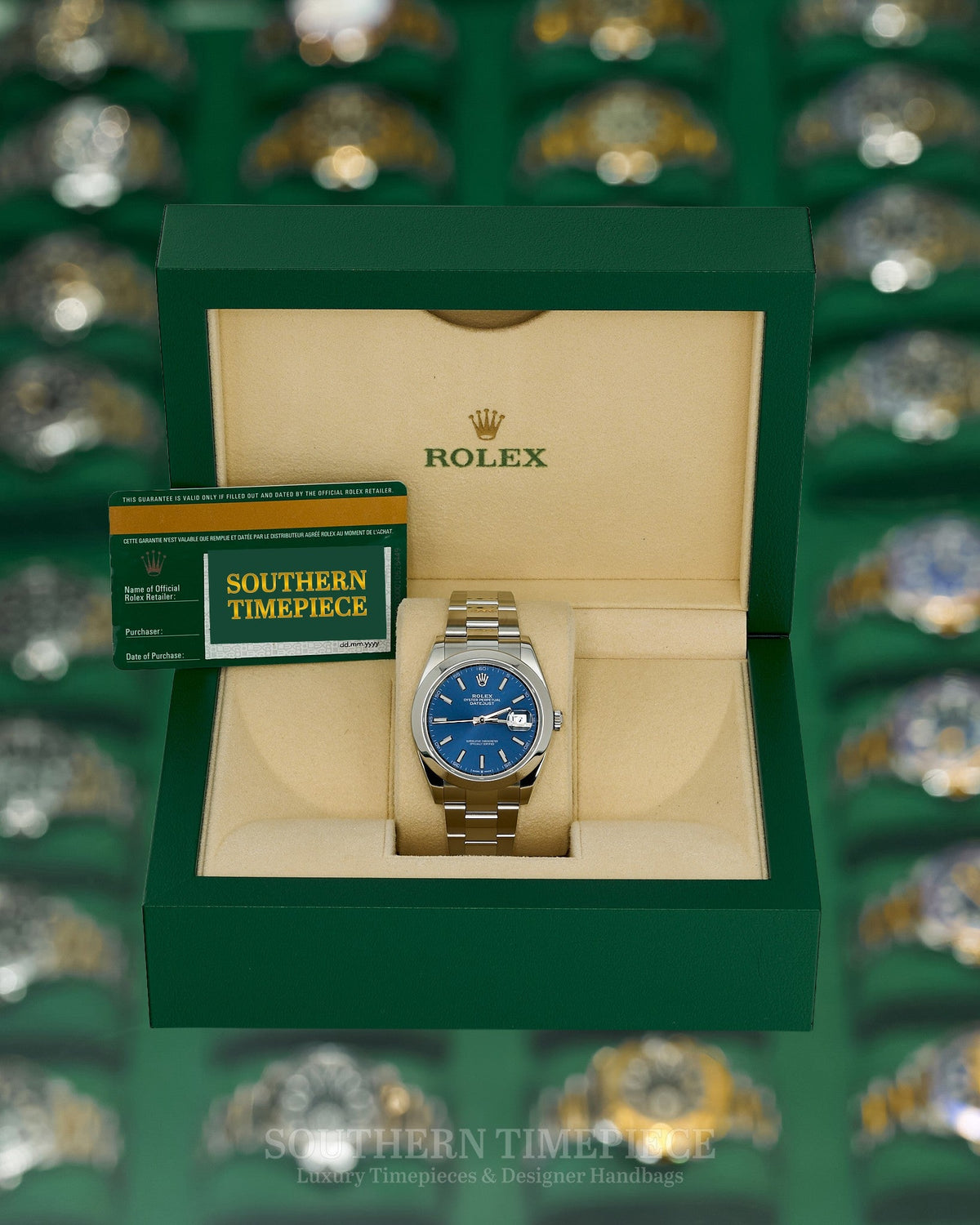41mm Rolex Datejust with Blue Stick Dial in Stainless Steel on Oyster (Ref: 126300)(Year: 2020)(Box & Papers)