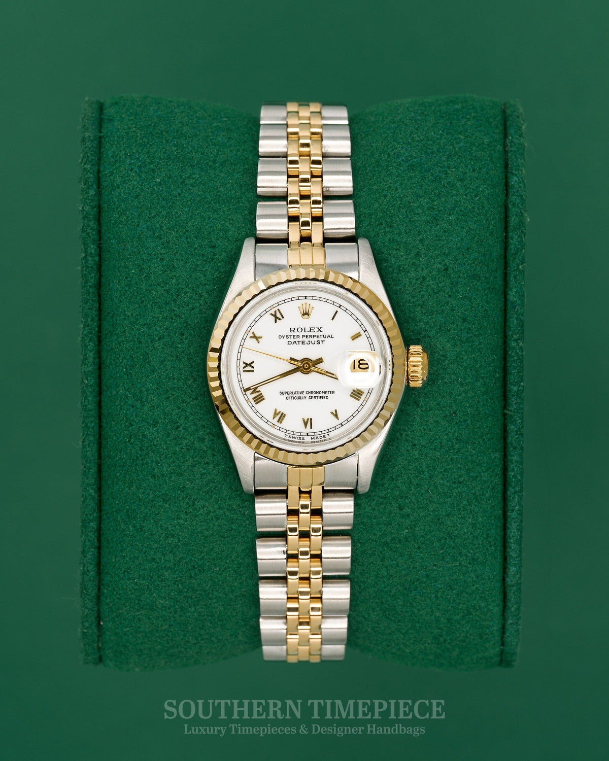 26mm Rolex Datejust with White Roman Numeral Dial in 18kt Yellow Gold and Stainless on Jubilee (Ref: 69173)(Year: 1990)(Box & Papers)