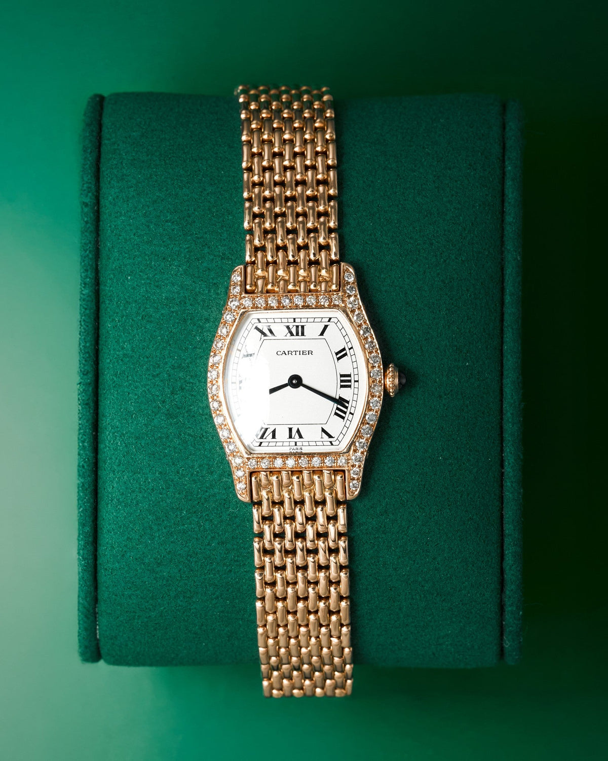 25mm Cartier Tortue Watch Small Model in Solid 18kt Yellow Gold with Factory Diamonds *RARE* (Ref: 82724877)(Year: ~1980's-1990's)(Box)
