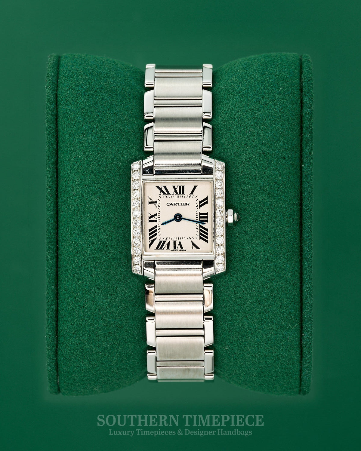 25mm Cartier Tank Francaise Small with White Roman Numeral Dial & Custom Natural Diamond Bezel (Ref: W51008Q3)(2000's-2010's)