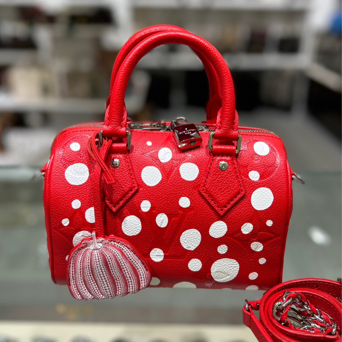Louis Vuitton x Yayoi Kusama Speedy 20 Bandouliere - White Infinity Dots & Red Monogram Empreinte Leather (2023)