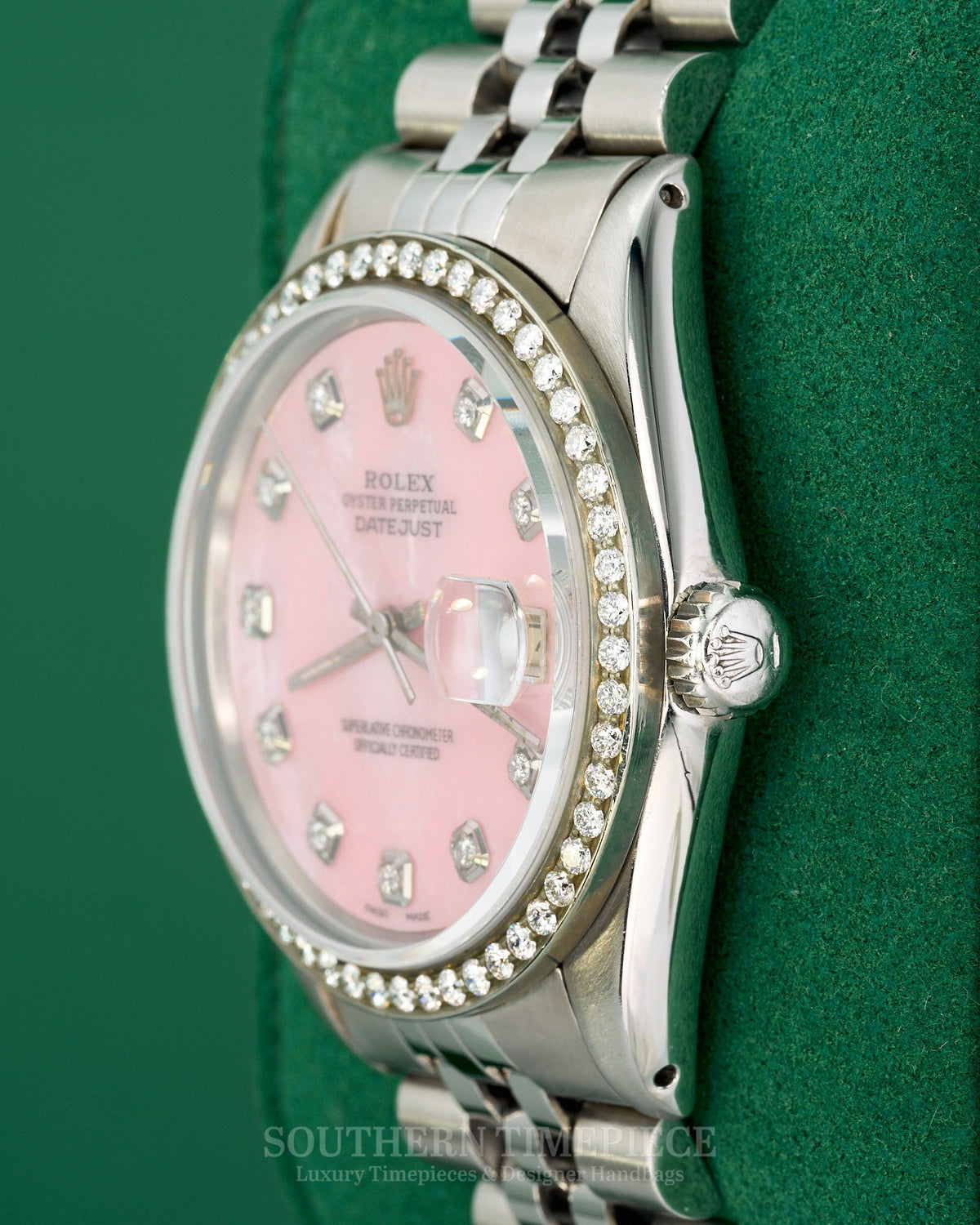 36mm Rolex Datejust in Stainless Steel with Custom Pink Mother of Pearl Diamond Dial and Diamond Bezel (Ref: 16014)(Year: 1981)