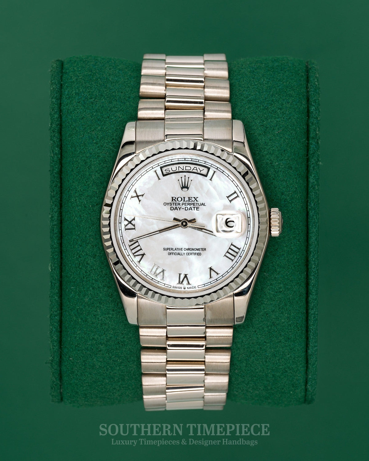 36mm Rolex Day-Date "President" in Solid 18kt White Gold w/ Custom Mother of Pearl Roman Dial (Ref: 118209)(Year: 2000)
