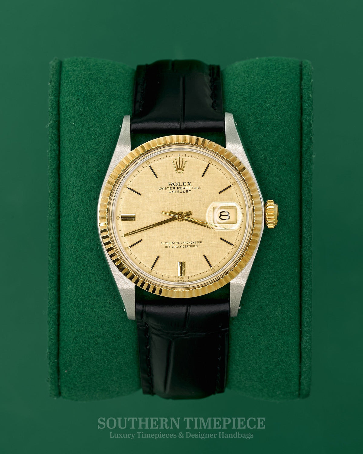 36mm Rolex Datejust with Champagne Linen Dial in Yellow Gold and Stainless on AM Black Leather (Ref: 1601)(Year: 1970)