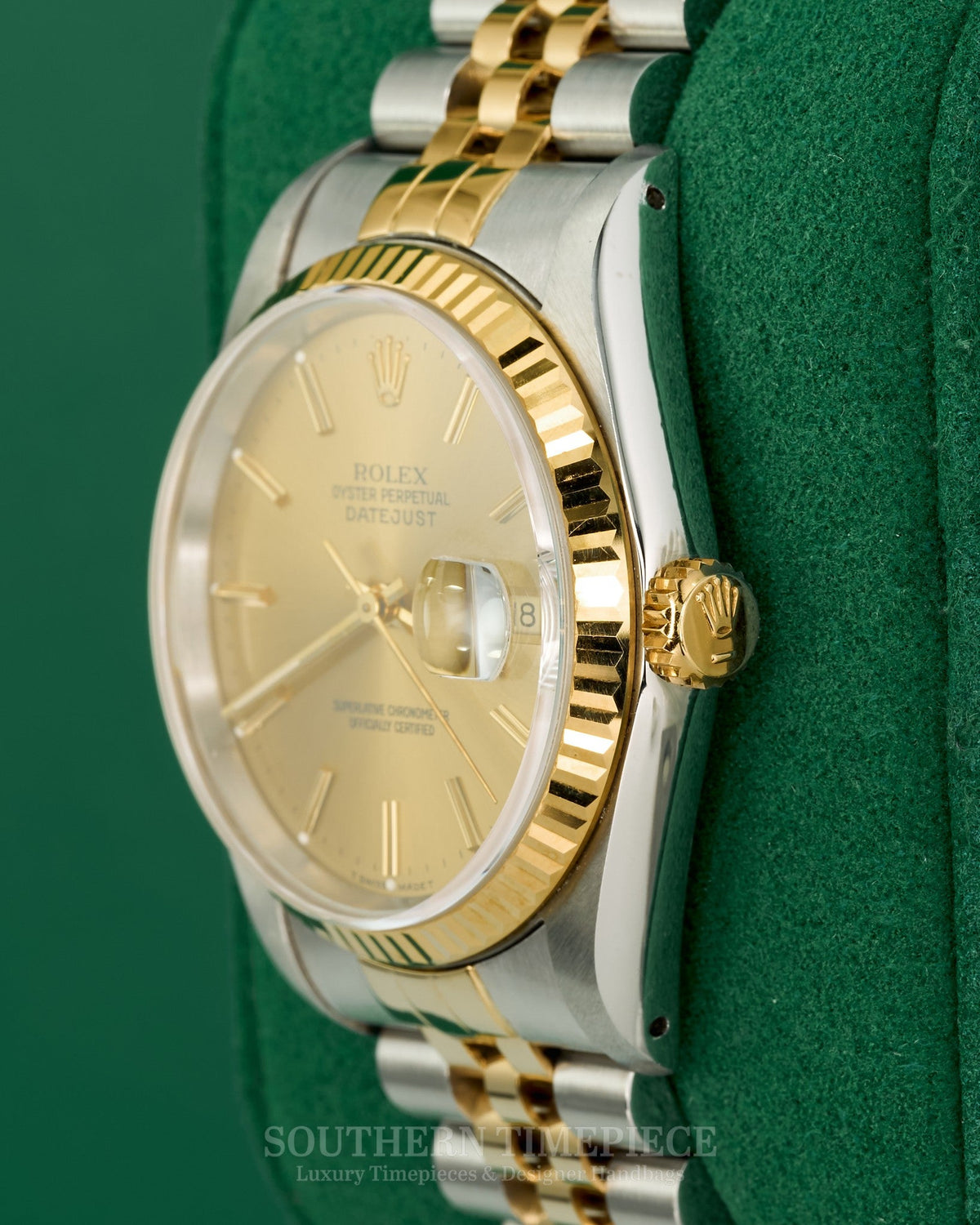36mm Rolex Datejust with Champagne Stick Dial in 18kt Yellow Gold and Stainless on Jubilee (Ref: 16233)(Year: 1990)